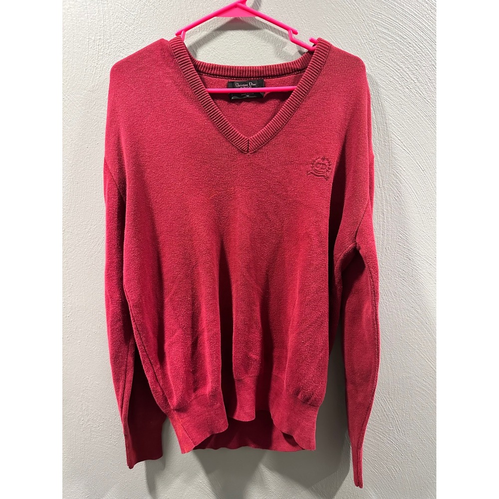 Christian Dior Monsieur Vintage Red V-Neck Cotton Sweater Embroidered Logo USA M